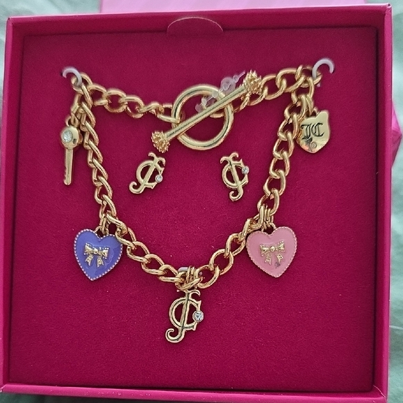 Juicy Couture Jewelry - Juicy Couture Gold and Pink Charm Bracelet And Earring Set.